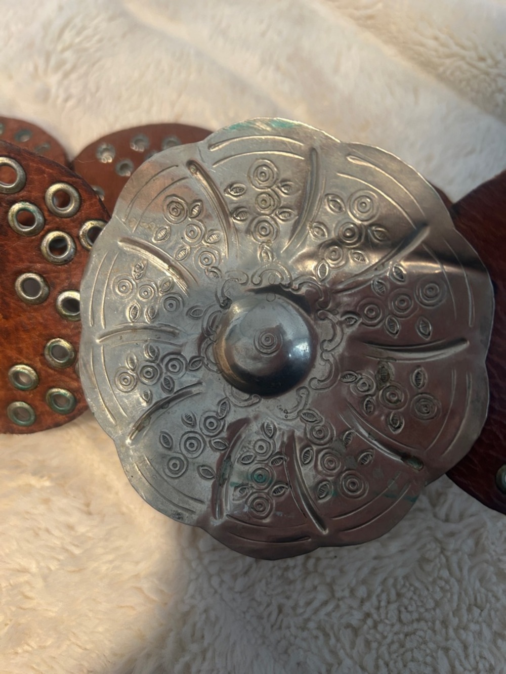 Boho Round Leather Concho Belt with Silver Medallions - Brown - Picture 6 of 6